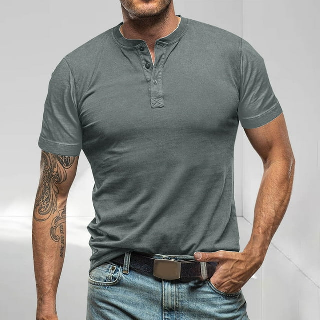 TIMIFIS Gray Athletic Shirts for Men Slim Solid Color Tops V Neck Short Sleeve Undershirt Button Up Running Gym Workout Jogging Pullover Stretchy Shirt Summer Spring Casual Comfy Outfit