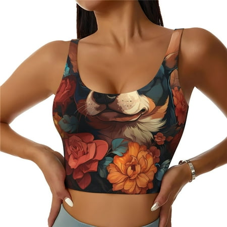 Jgfou Vintage Colorful Flower French Bulldog Print Womens Sports Bra - Padded Workout Sports Bras Crop Tank Top