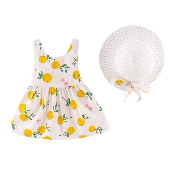FRSASU Kids Clothes ,Toddler Baby Girls Sleeveless Oranges Print Princess Dress Hat Outfits Yellow 2-3 Years