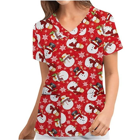 

SUWHWEA Christmas Gift Scrub Tops Christmas Fashion Women s V-Neck Casual Short Sleeve Printed Pockets Ladies Tops Blouse on Clearance