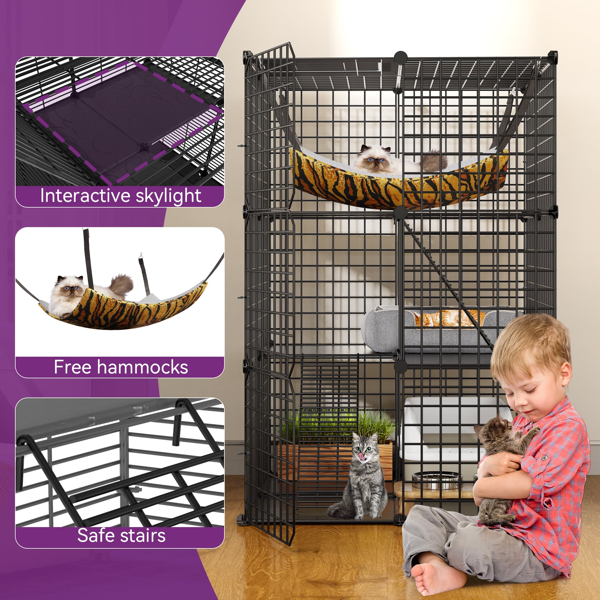 Uforic Indoor Cat Cage 3 Tiers - DIY Cat Enclosures Metal Playpen with Extra Large Hammock, and Sturdy Design(28"L x 28"W x 41"H)