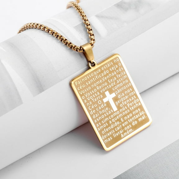 Men's Cross Bible Prayer 14K Yellow Gold Necklace with 3mm Rope Chain Golden Silvery Optional with 24Inches Length Chain