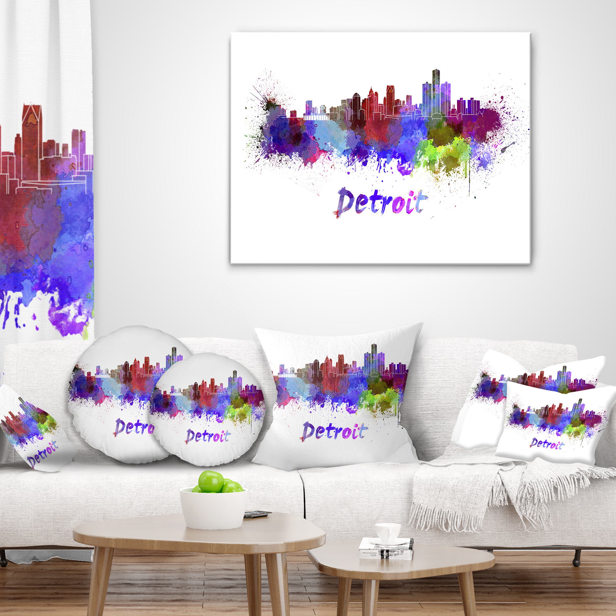 Designart Detroit Skyline - Cityscape Throw Pillow - 12x20