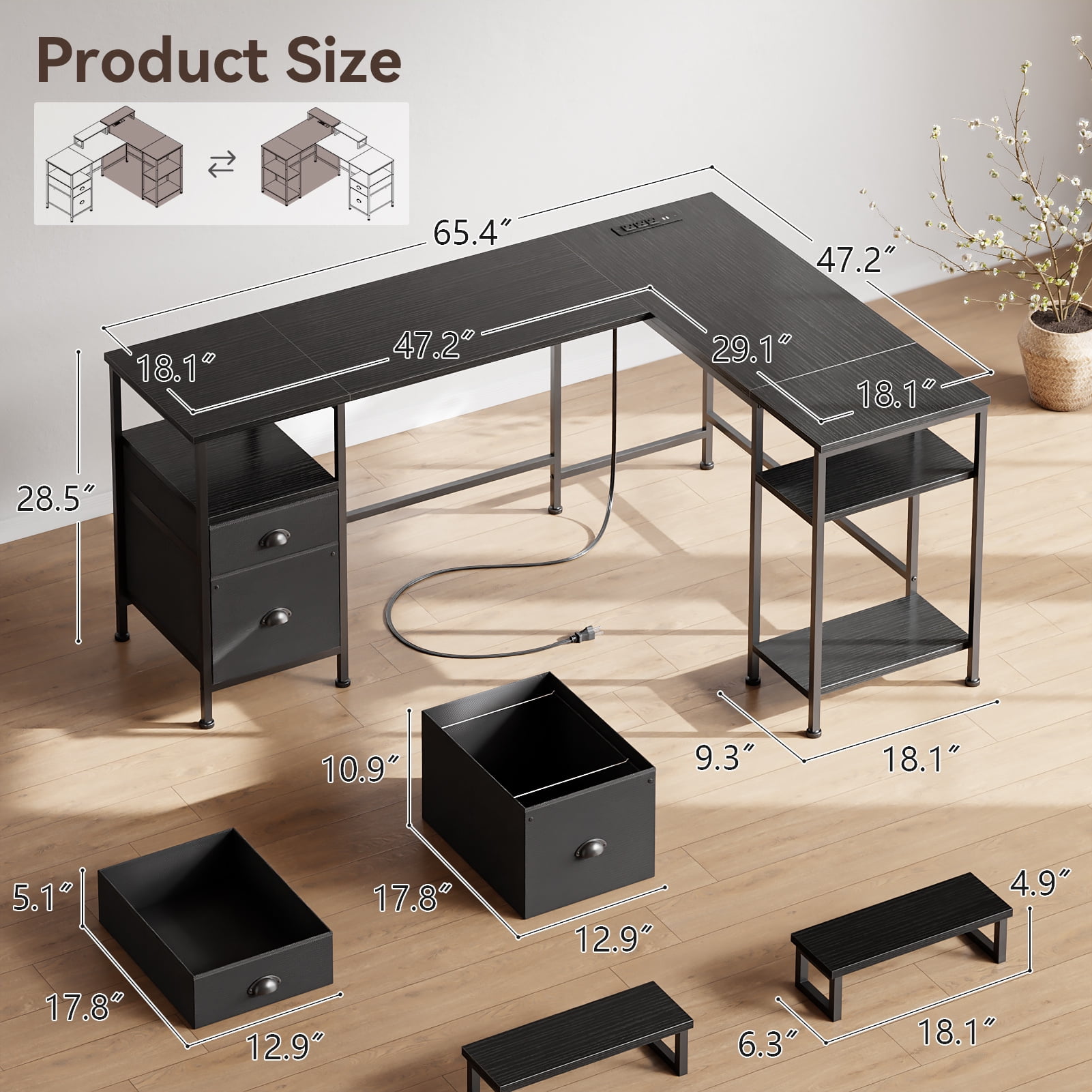 Satifur Computer Desk 65" L-Shaped, Corner Desk with Power Outlet, Reversible Gaming Desk, Black