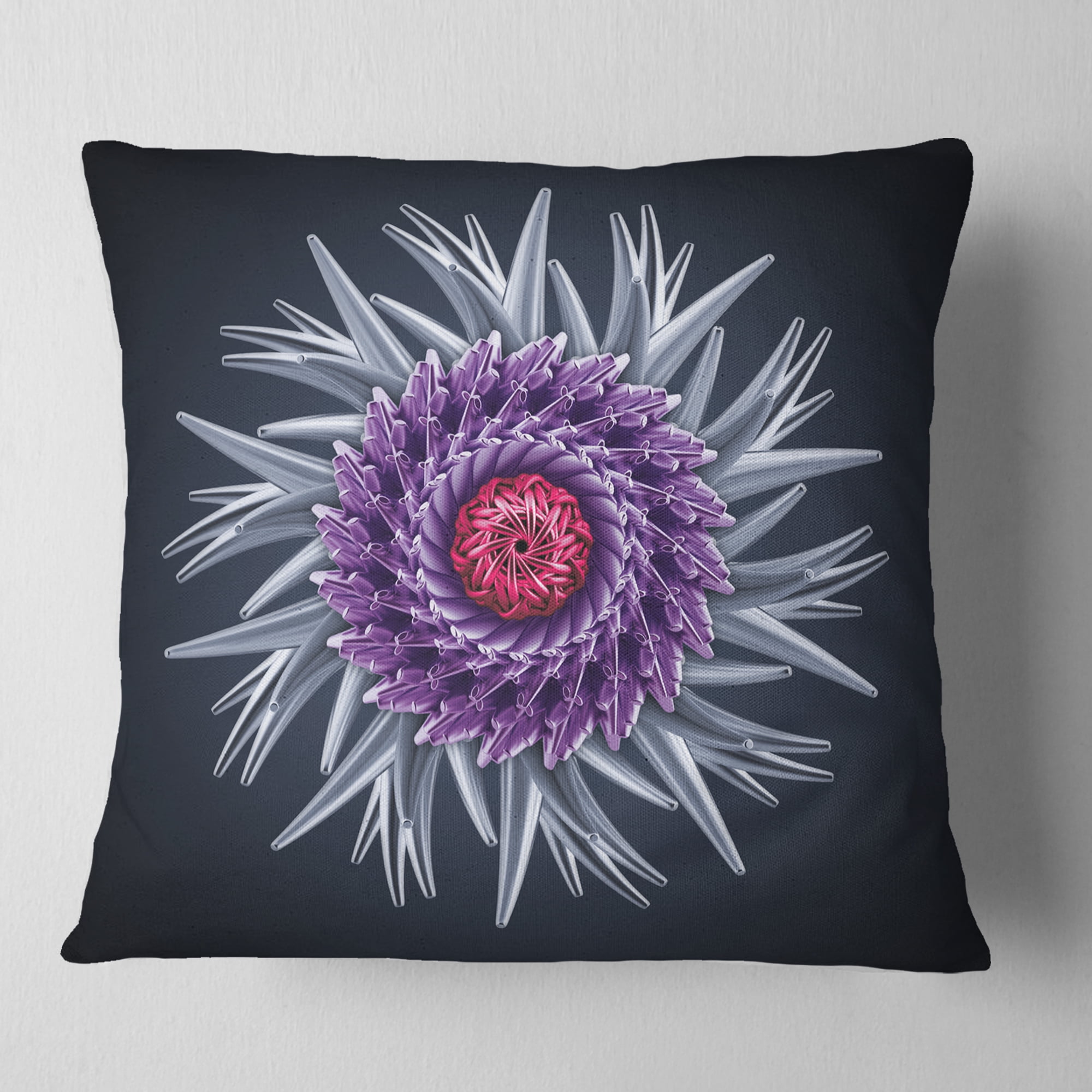 Designart Purple Abstract 3D Flower on Black - Flowers Throw Pillowwork - 16x16