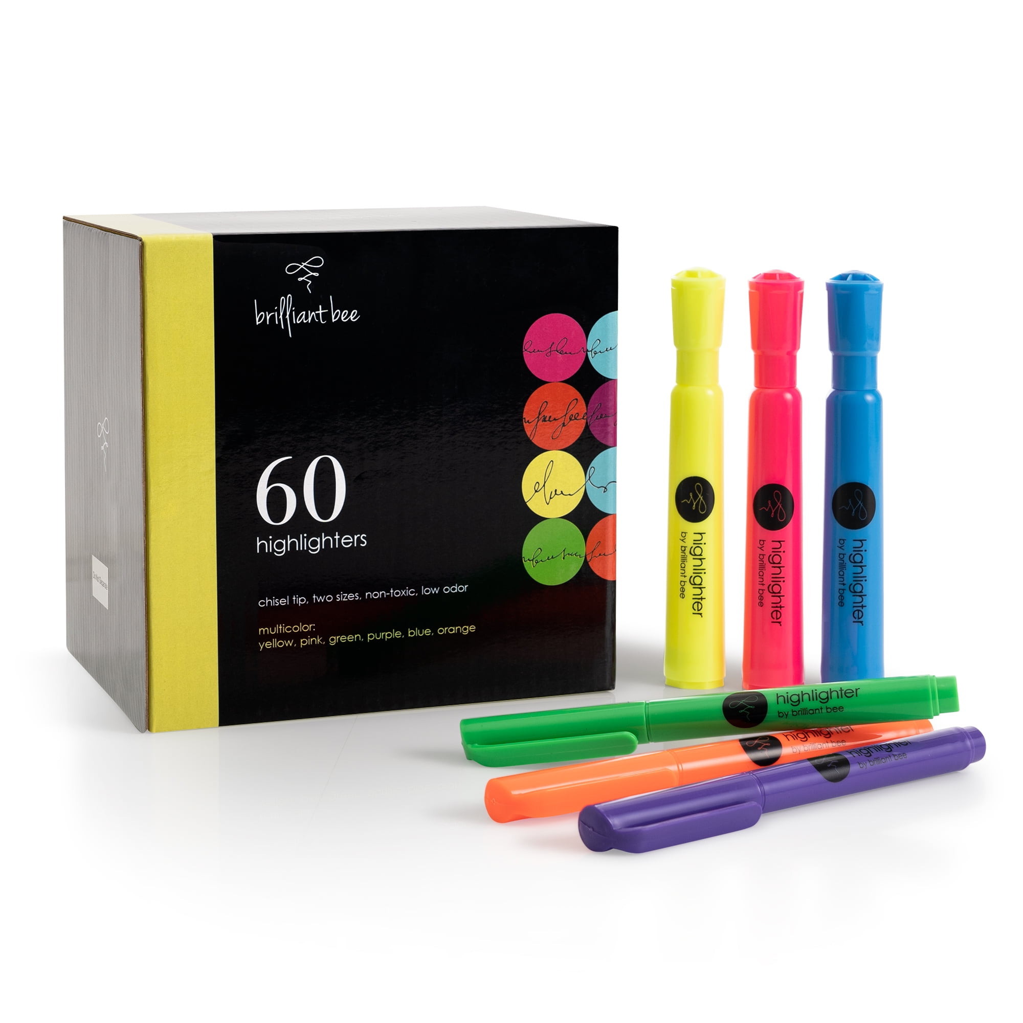 (2 pack) Brilliant Bee - 60 Highlighters - Low Odor, Chisel Tip - 2 Sizes, 6 Colors