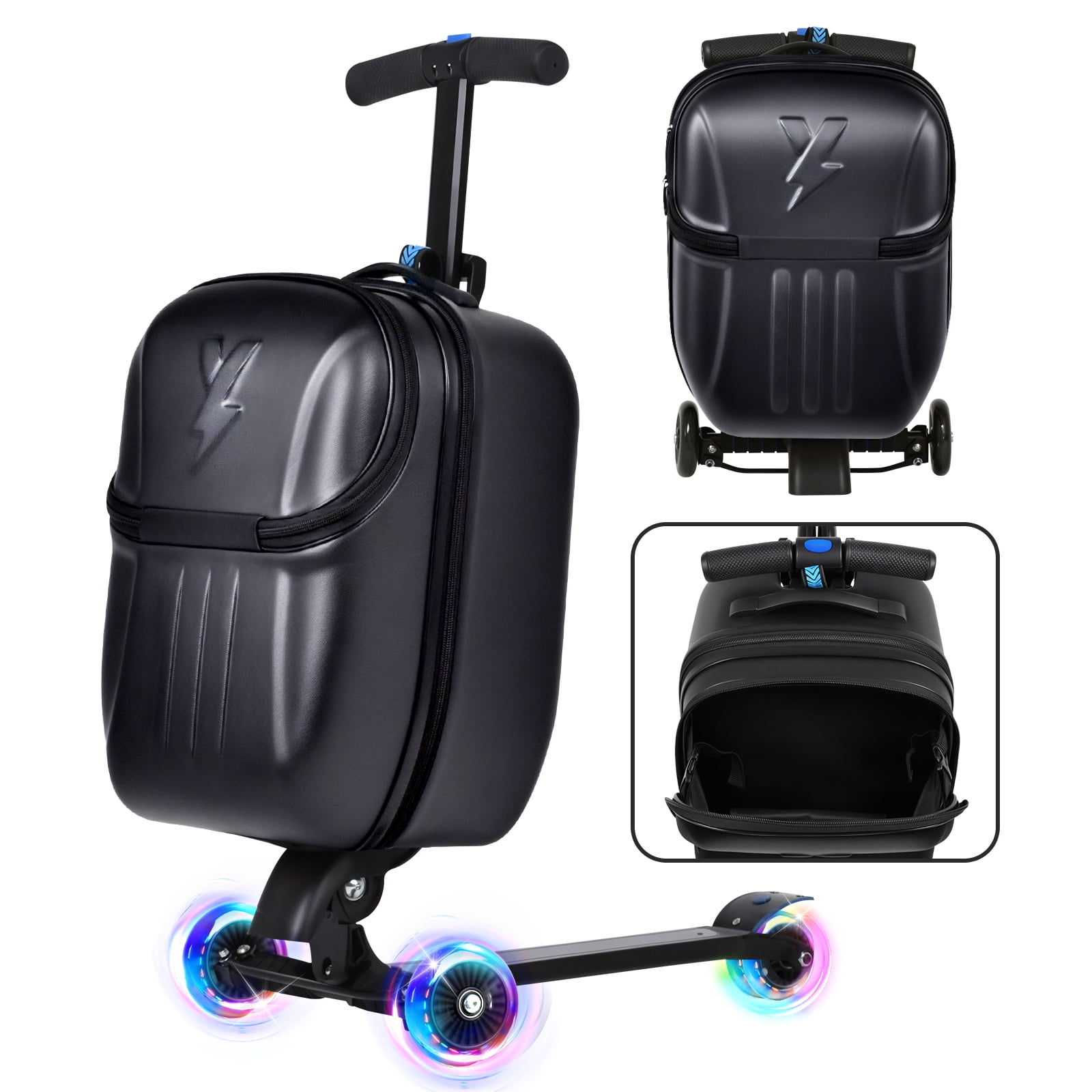 Advwin Scooter Suitcase with Top Opening & LED Light-up Wheel, Lightweight Hardshell Foldable Ride-On Luggage with Adjustable Handle for Travel, Black