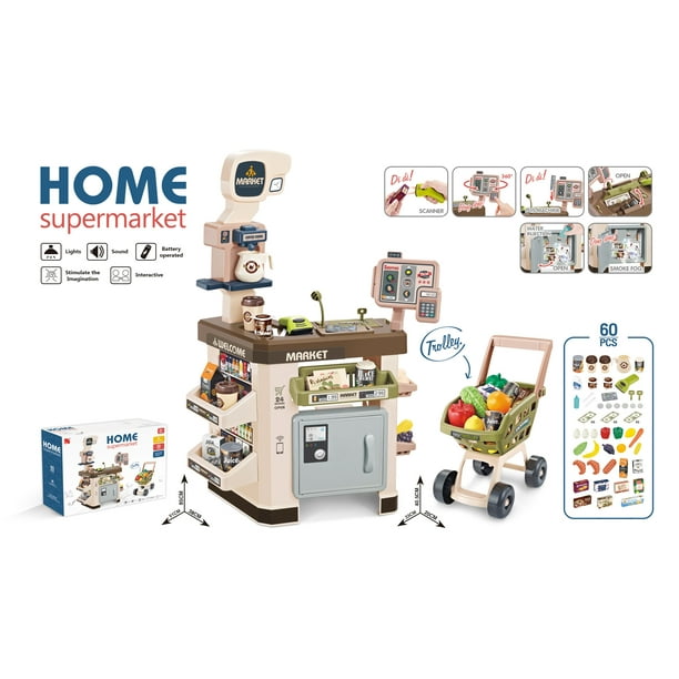 Supermarket Play Set with Shopping Cart, Coffee Shop, 60 accessories