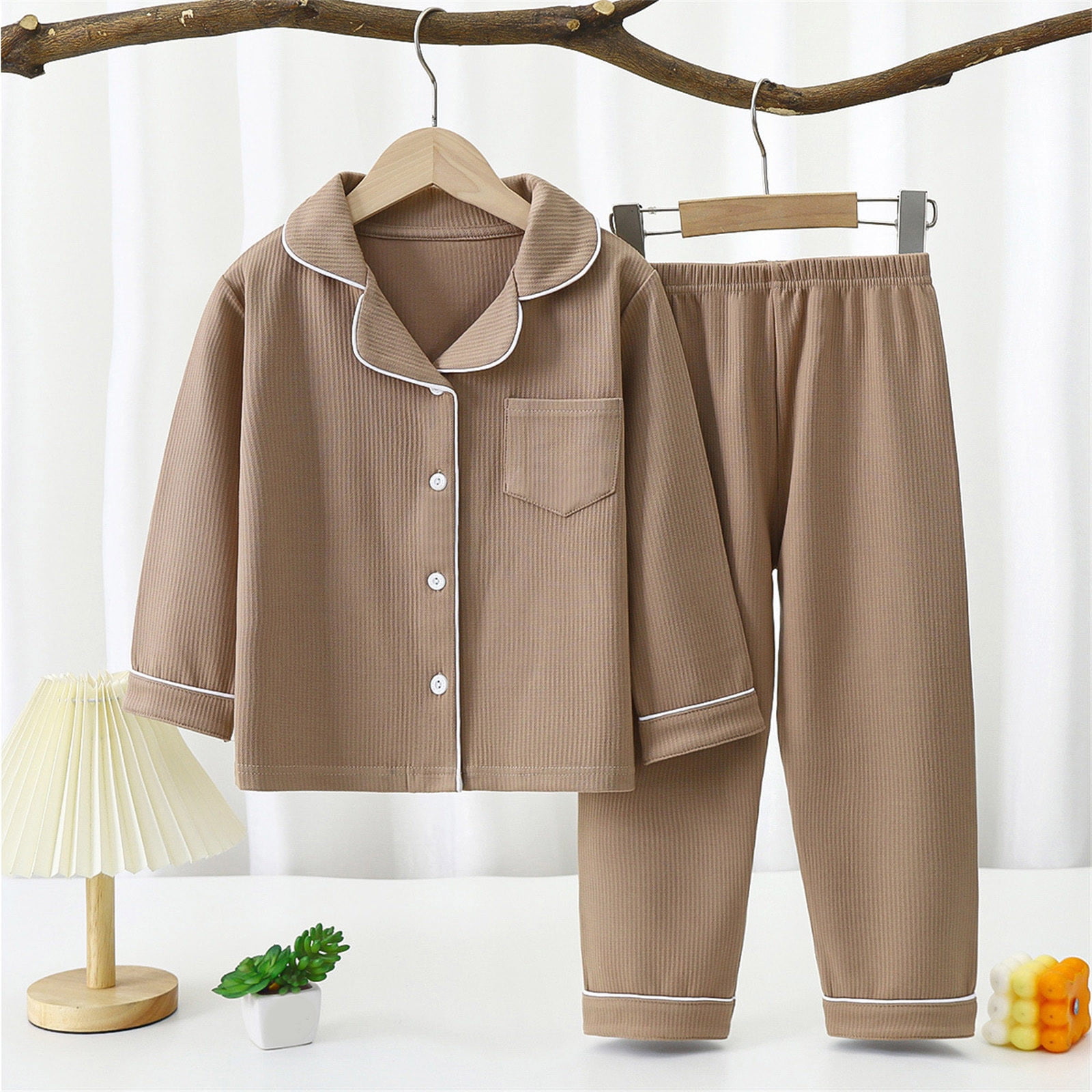 LSLJS Baby Boys Girls Pajamas Sleepwear Set Solid Color Long Sleeve Button Down Shirts Tops Long Pants Kids Thin Velvet Home Wear Clothes Suit