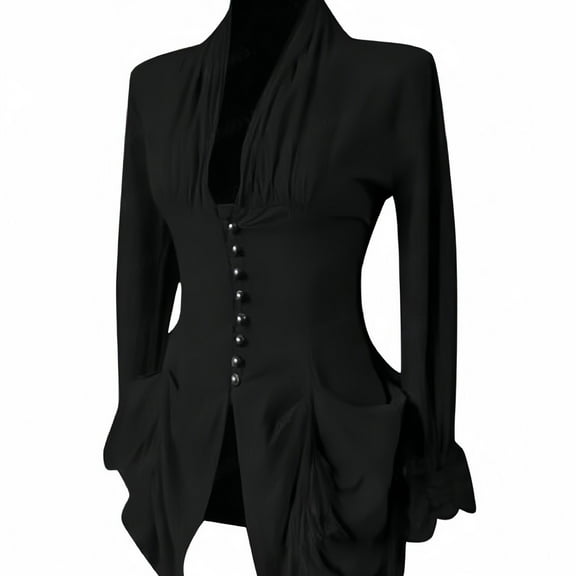 Breezora Women's V Neck Button Down Long Sleeve Blouse Loose Casual Tunic L Size Black