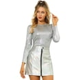 thumbnail image 1 of INSPIRE CHIC Camisa de manga larga para mujer, brillante, brillante, de fiesta, metálico brillante Plata XS, 1 of 6
