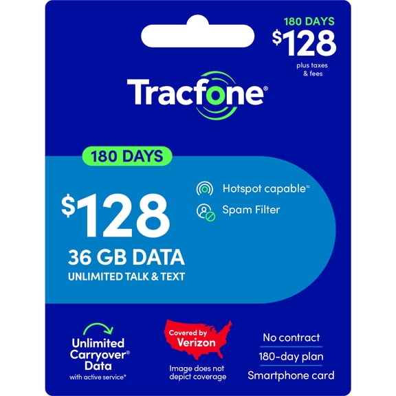Tracfone $128 Unlimited Talk & Text plus 36 GB of Data 180-Day - Prepaid Plan Direct Top Up