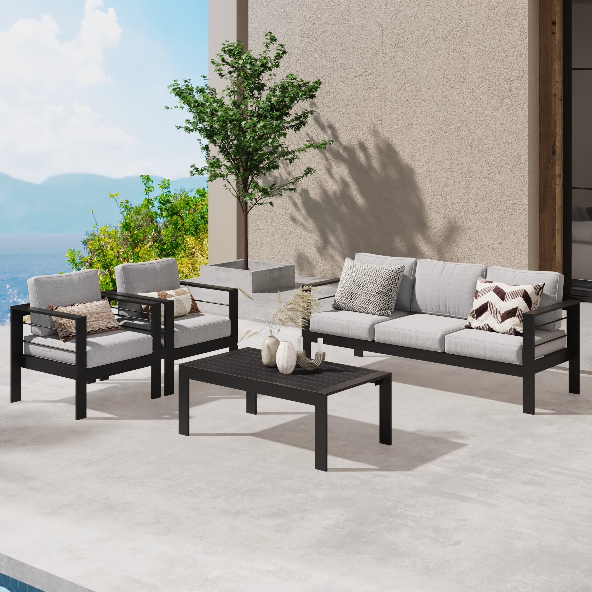 Superjoe 5-Pieces Aluminum Curved Outdoor Sectional with Coffee Table and Cushions, Black/Light Gray