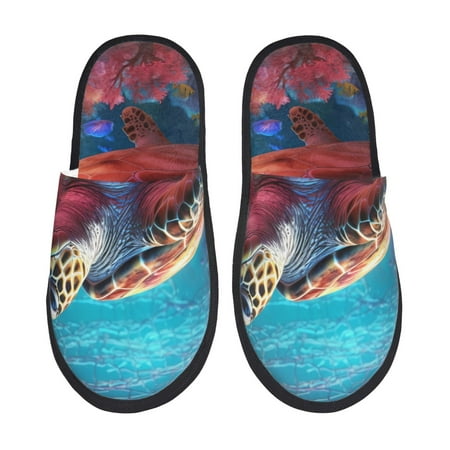 Balery Colorful Ocean Sea Turtle Slient Indoor Furry Fleece Comfort House Shoes Soft Non-Slip Home Shoes Cotton slippers House Slippers-- Large