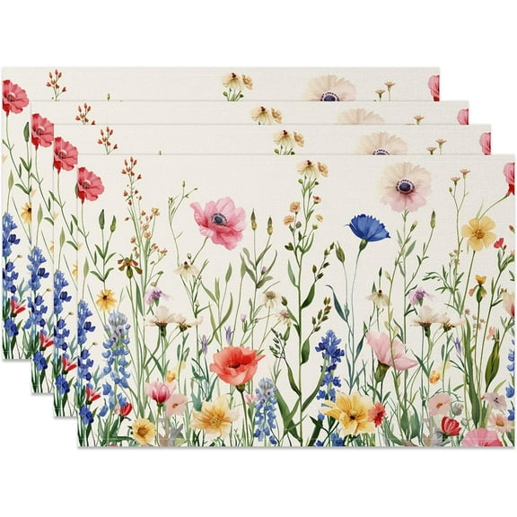 Floral Placemats Set of 4 Colorful Wild Flower Plants Printed Place Mats Artistic Rectangular Modern Table Mats for Home Kitchen Restaurant Party Dining Table Decor 12x18 Inch