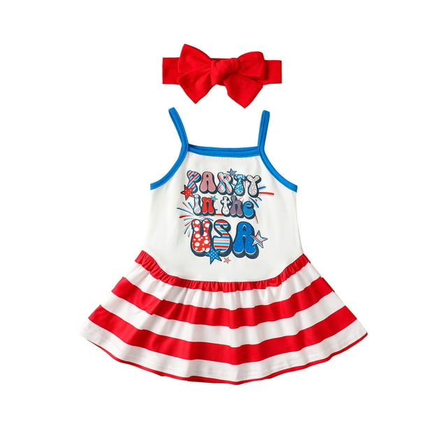 Robe Décontractée d'Été pour Bébé Filles Sans Manches à Rayures Patchwork Bandeau pour Jour de l'Indépendance