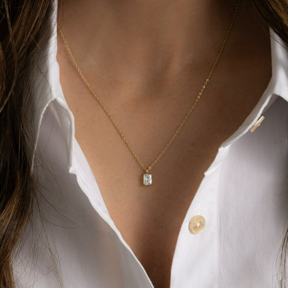 Emerald Cut Diamond Pendant Necklace, Minimalist Necklace, Baguette Pendant, Dainty Necklace, Gold Necklace, Gift for Her, Layering Necklace