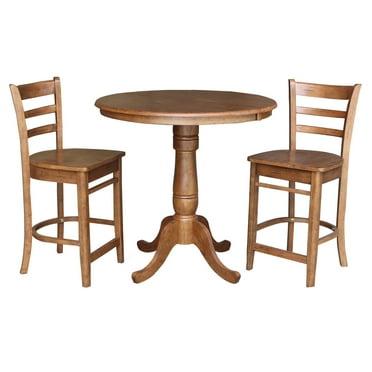 36" Round Solid Wood Extension Dining Table with 2 Stools in Distressed Oak by International Concepts