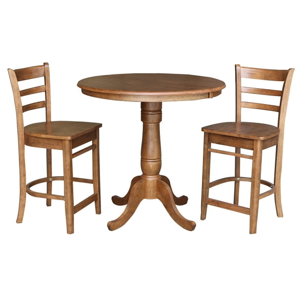 36" Round Solid Wood Extension Dining Table with 2 Stools in Distressed