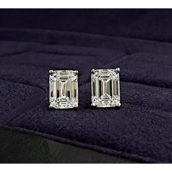 4TCW Emerald Cut Lab Created Diamond Women's Stud Earrings 14K White Gold Plated