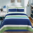 thumbnail image 2 of Cozy Line Home Fashions Waylon Ensemble de Courtepointe, Imprimé à Rayures Bleu Marine Vert Blanc, Couvre-Lit Réversible 100 % Coton (Bleu/vert, Lit Simple - 3 Pcs), 2 of 4