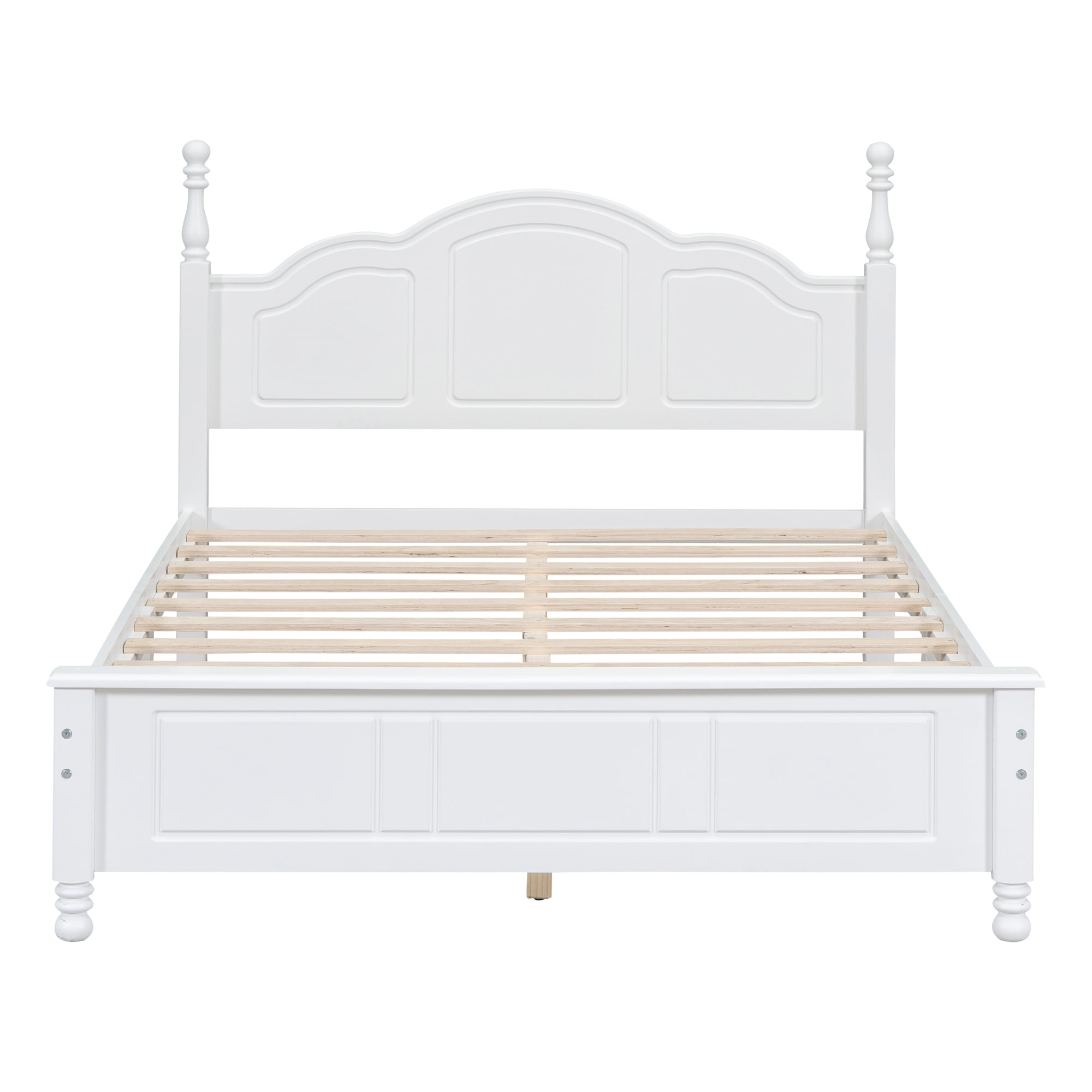 Full Size Wood Platform Bed Frame, Retro Style Platform Bed with Wooden Slat Support, White