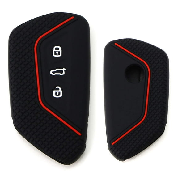 Black Soft Silicone Key Fob Cover w/Red Stripe For Volkswagen MK8 Golf/GTI, Skoda Octavia with 3/4/5-Button Smart Key
