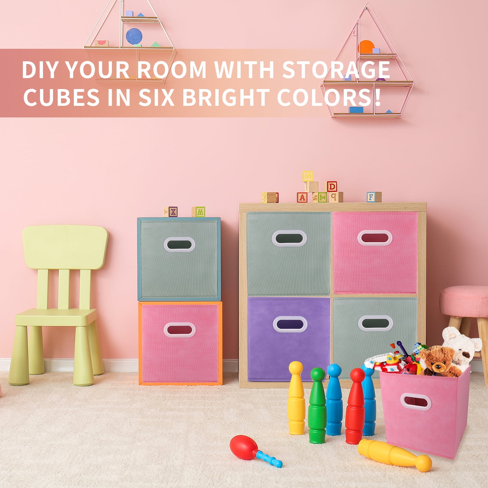 Lourome Storage Cubes, 11-inch Cube Storage Bin, 6 Sets Foldable Fabric Storage Cubes With Handles, 6 Cube Storage Organizer, Storage Cube Bins for Toys, Clothes and Books. (Purple+Pink+Cyan）