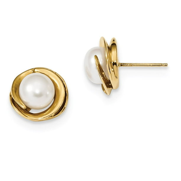 14k Yellow Gold 6-7mm White Button Freshwater Cultured Pearl Post Stud For  Women