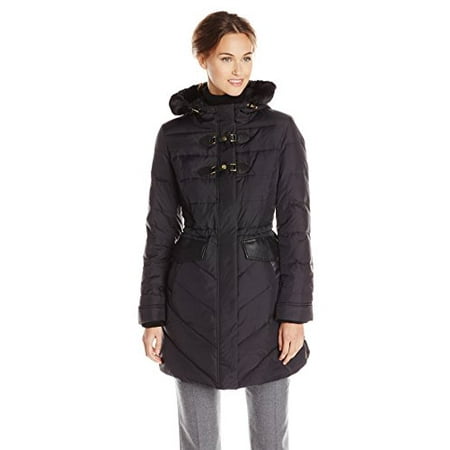 Via Spiga Leather Coat - Via Spiga Women's Water Resistant Down Filled Coat with Faux Fur Trim Hood, Black, Medium