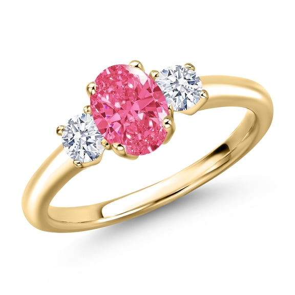 Gem Stone King 10K Yellow Gold Fancy Pink Zirconia and White Zirconia Engagement Ring for Women | 1.41 Cttw | Oval 7X5MM | Gemstone Birthstone | Size 7