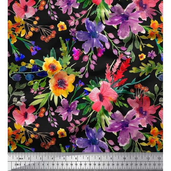 Soimoi Cotton Duck Fabric Flower & Leaves Watercolor Print Fabric by The Yard 42 Inch Wide