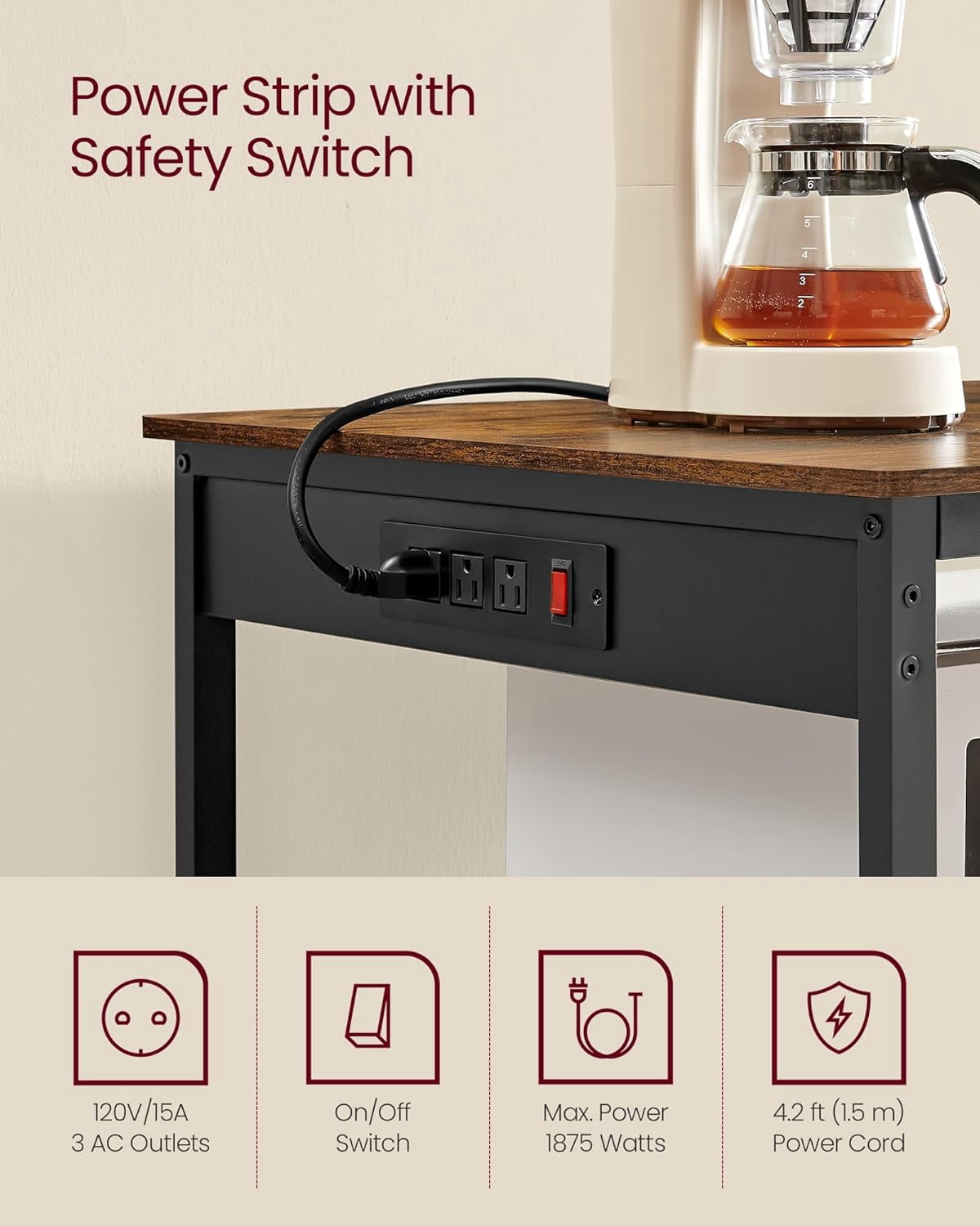 Kitchen Island with 3 Shelves, 39.4 Inches Width Kitchen Shelf with Power Strip, Large Worktop, Stable Steel Structure, Industrial, Easy to Assemble