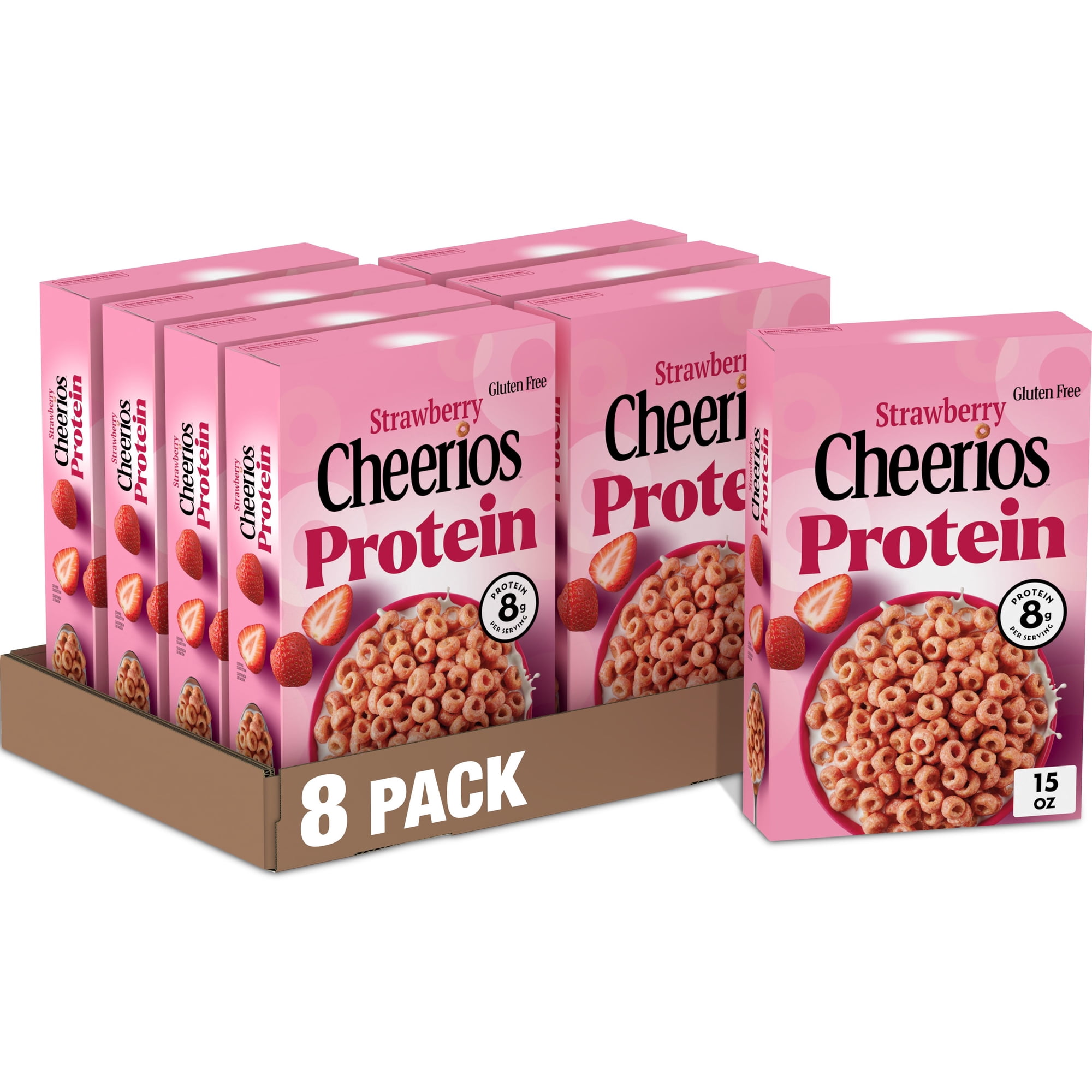 (8 pack) Cheerios Protein Cereal, Strawberry, 8g Protein, Family Size, 15 oz