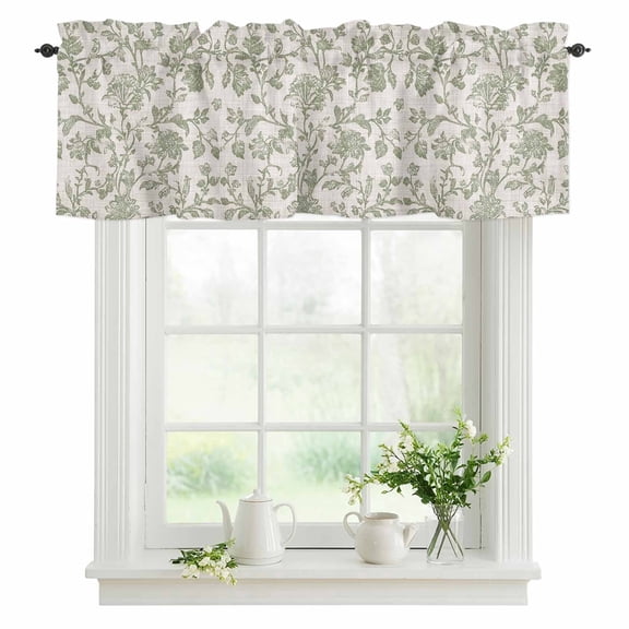 Light Green Floral Window Valance for Kitchen Bathroom Laundry Room, 54 x 18 Inch Rod Pocket Short Curtain, 1 Panel