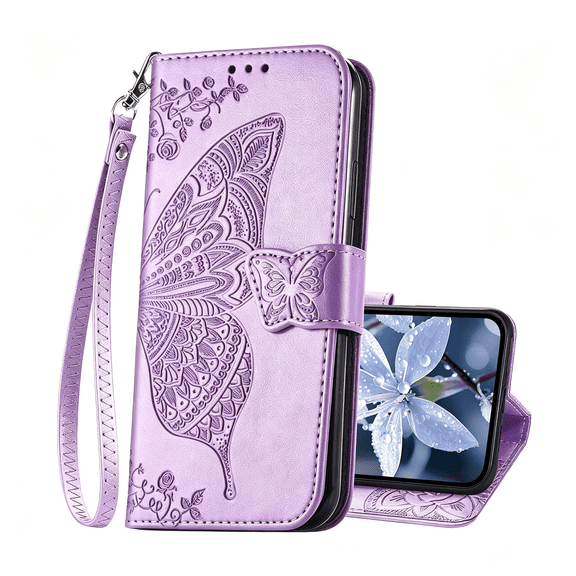 HBMYN for Iphone 17E Wallet Case for Women,Butterfly Embossed Flip Folio Pu Leather Stand Card Holder Slots Phone Protective Cover 6.1" (Lavender) Purse Phone Case