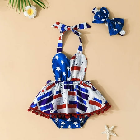 

XMMSWDLA Toddler Girl Clothes Baby Girls Independence Day Fashion Stripe Print Bow Romper Jumpsuit Headdress Suit Deals Clearance