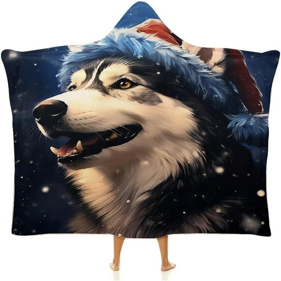 Cute Siberian Husky Blanket Hoodie Christmas Theme Wearable Throw Blankets For Couch Blanket For Kids Teens Men Women