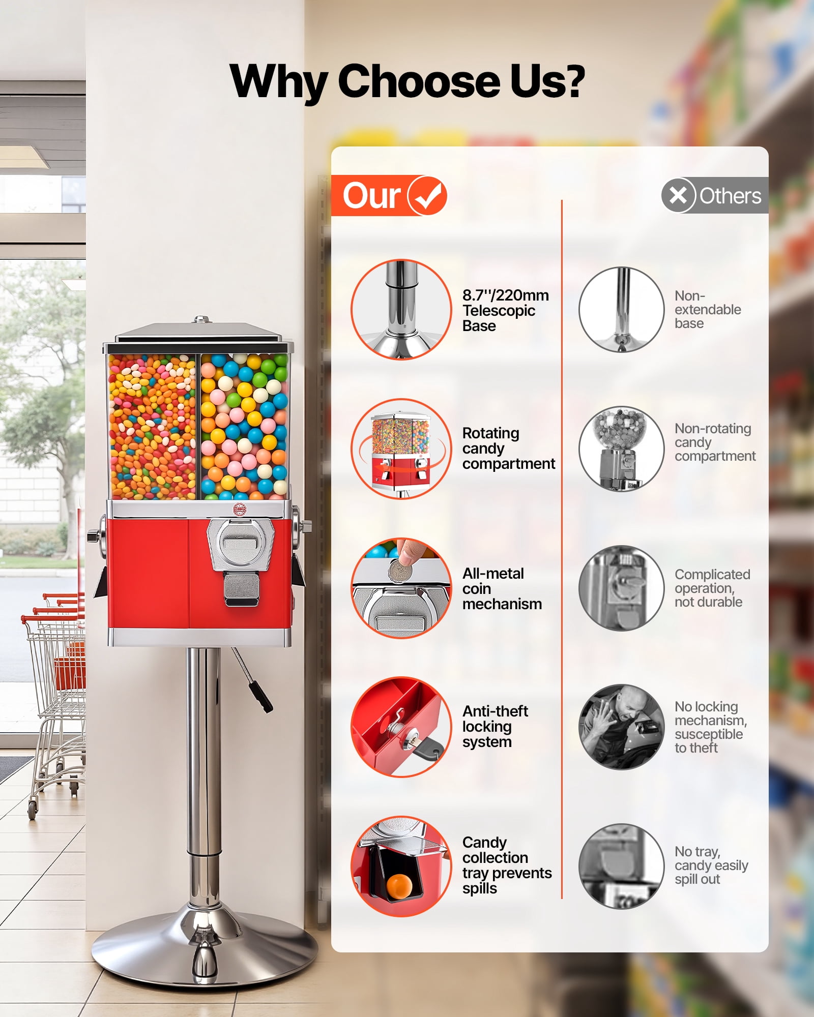 VEVOR Candy Vending Machine, Four Compartment Candy Vending Machine with Stand, Gumball & Candies Vendings Machines with Adjustable Height, Vintage Candies Dispenser for Shop,Arcade, Family Gathering