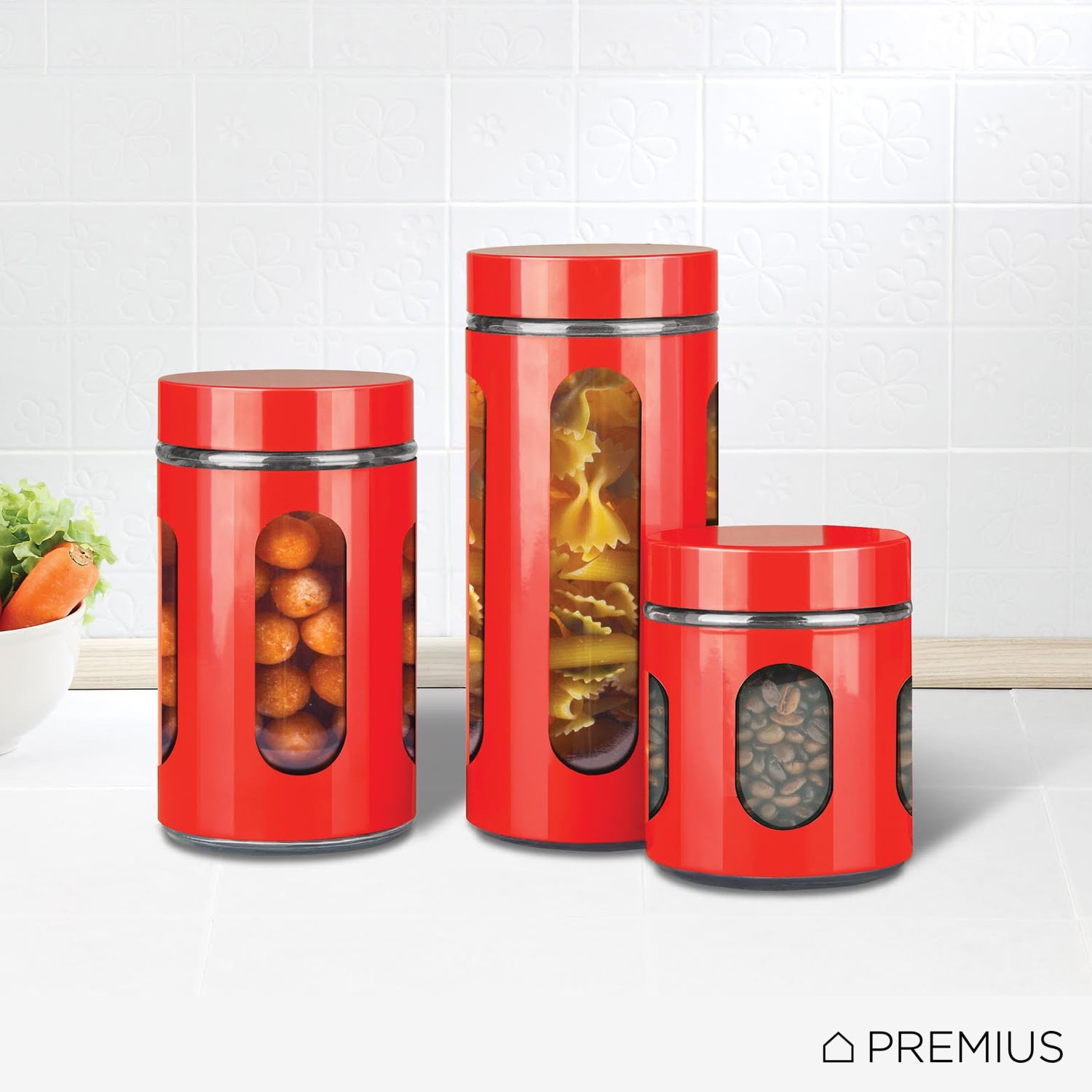 Premius Airtight 3Piece Kitchen Glass Canister Set, Red