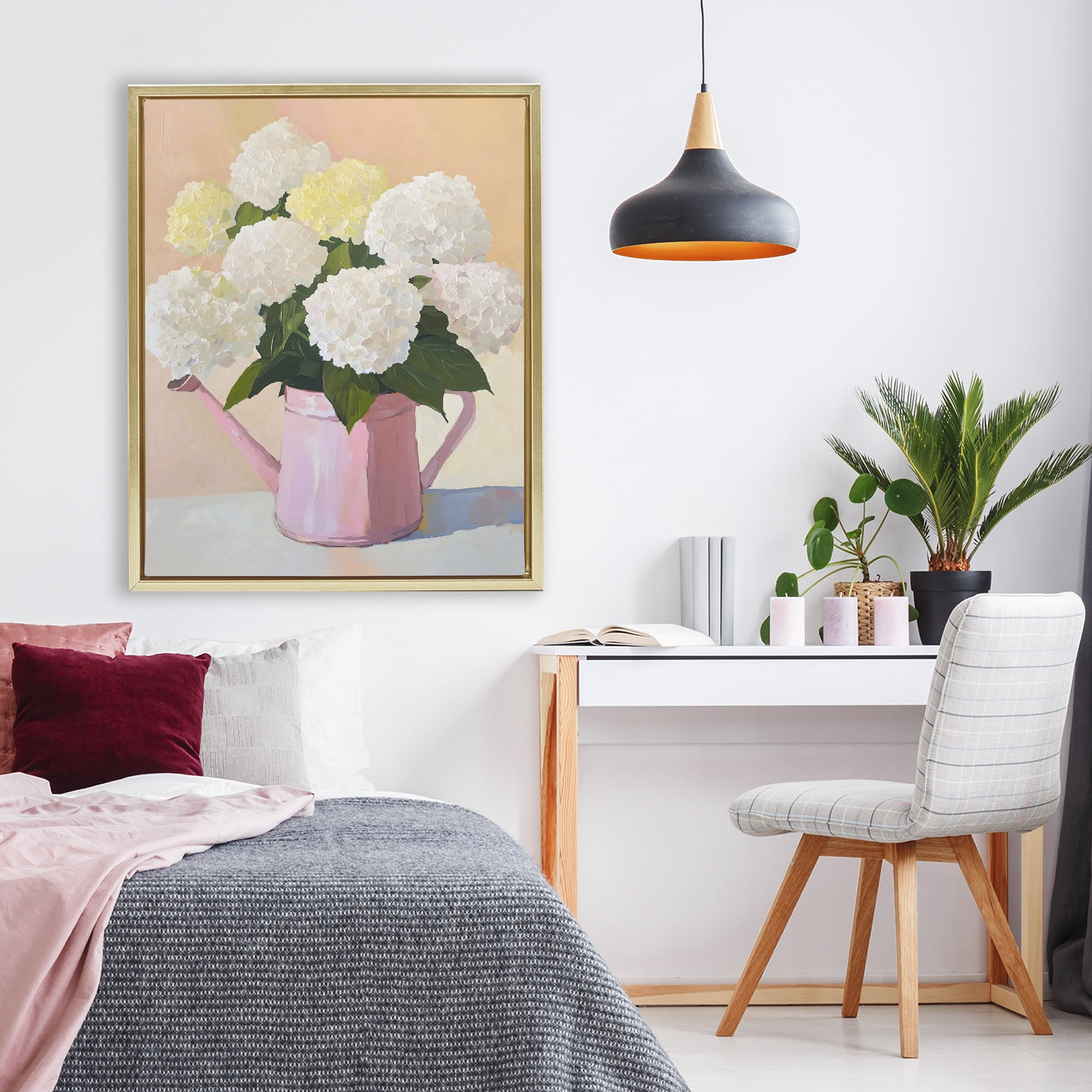 Stupell Industries Hydrangeas in Watering Can Gold Framed Floater Canvas Wall Art, design by The Prints Vibe