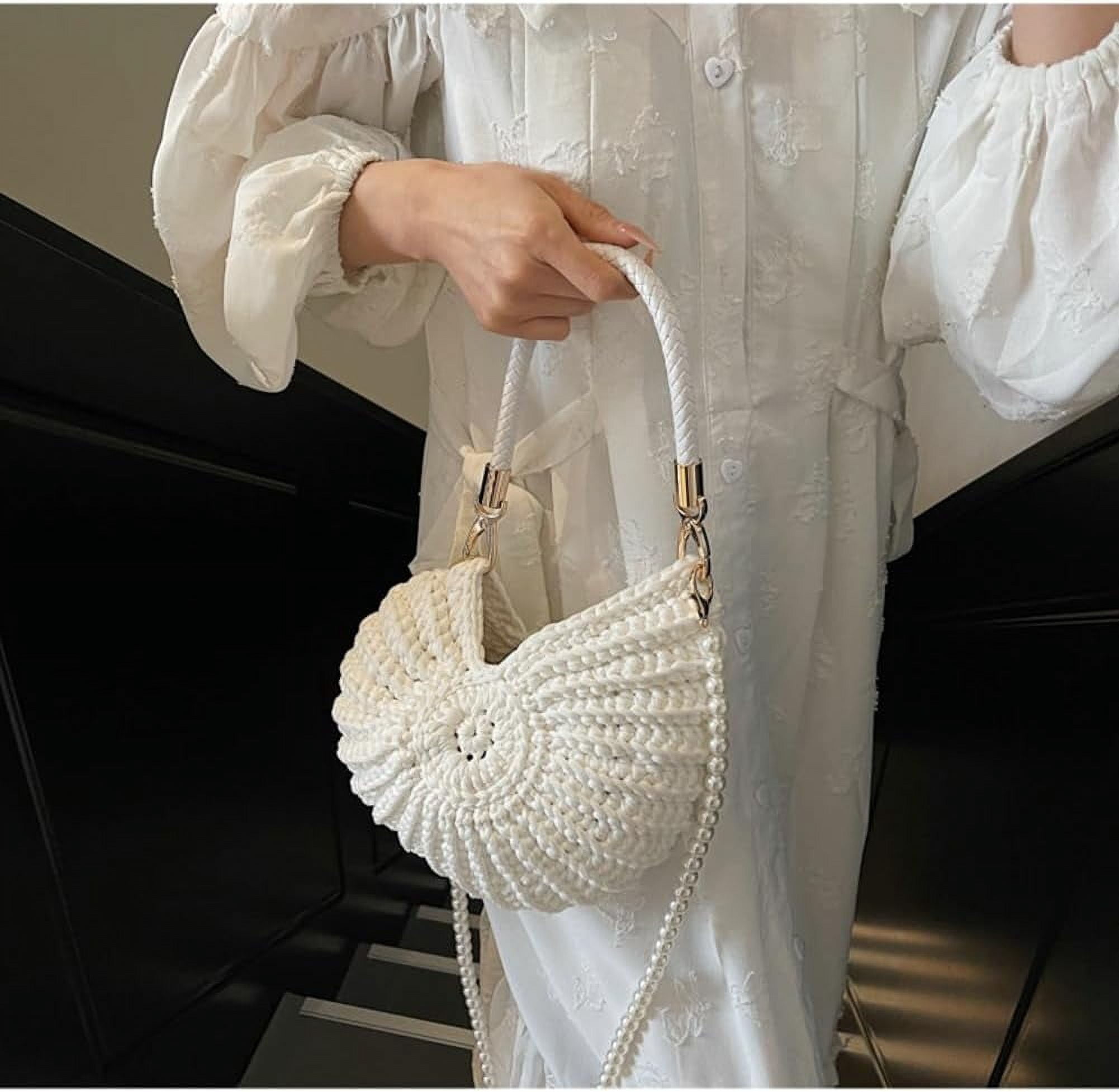 MMYGU Handwoven Seashell Bag for Women Crochet Beach Bag Boho Clutch with Pearl Strap Leather Handle Unique Design 2025