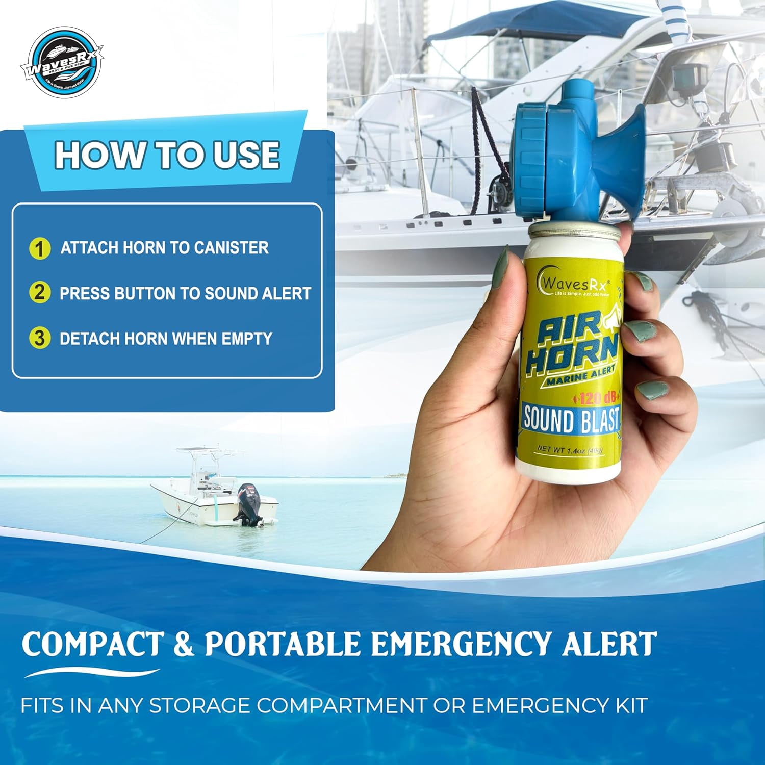 WavesRx Marine Air Horn – Coast Guard Approved Boat Horn for Safety & Fog Alerts | Loud 120 dB Sound Blast Reaches ½ Mile