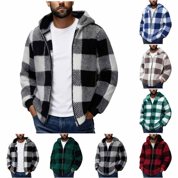 Busydd Mens Winter Jacket Fashion Plaid Zip Up Jackets for Men Casual Comfy Long Sleeve Hooded Men's Winter Coats with Pockets S