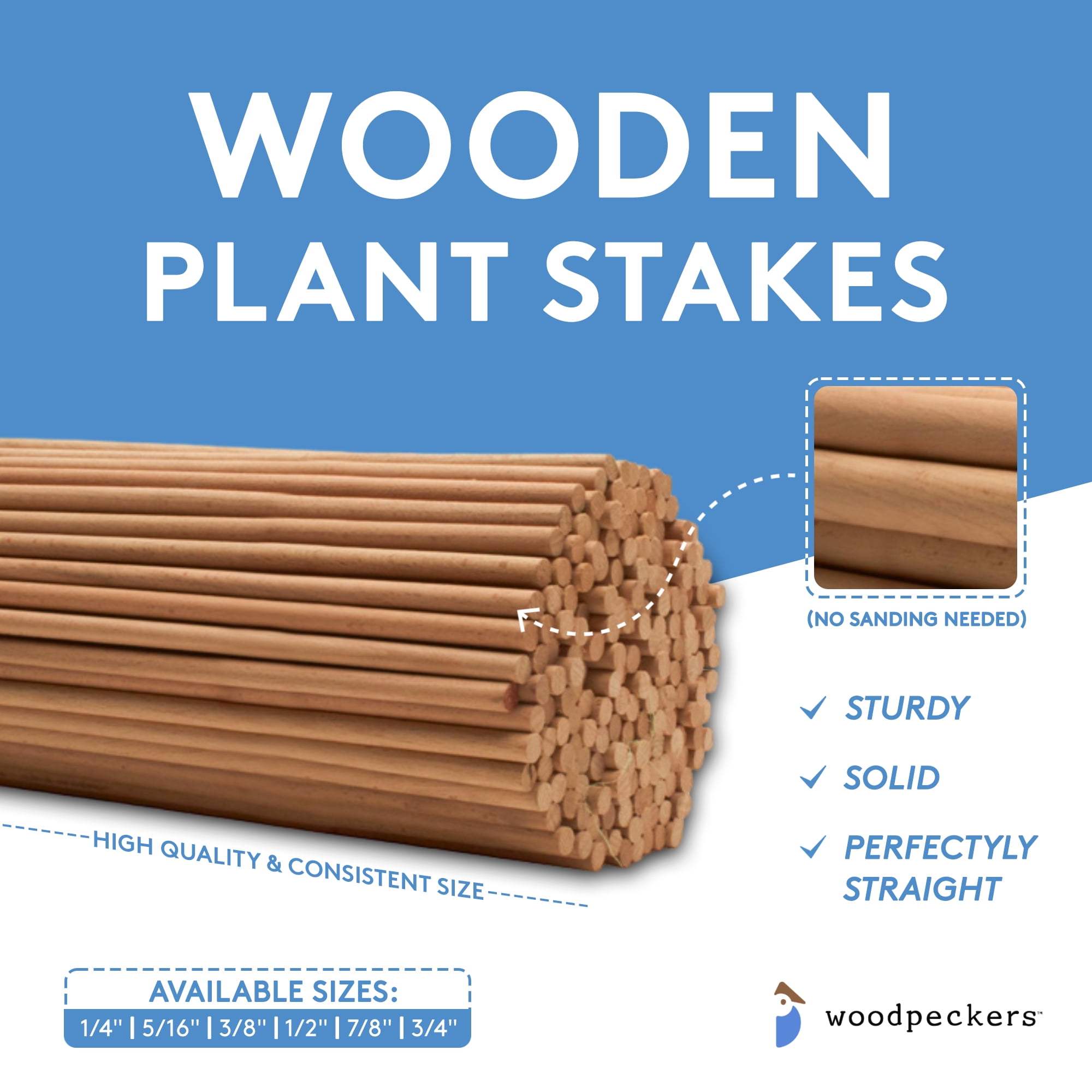Wood Garden Stakes 3ft x 5/16 inch, Pack of 10 Beachwood Tomato Stakes Sturdier Than Cages for Garden Plant Support, by Woodpeckers