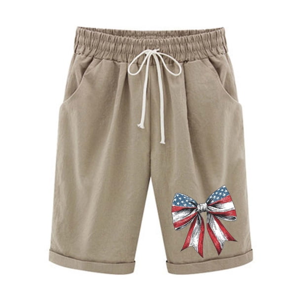 Pantalones Elásticos de la Cintura para las Mujeres Impresos Medias Pantalones Cortos, Bolsillos Casuales Poliéster para Toda la Temporada