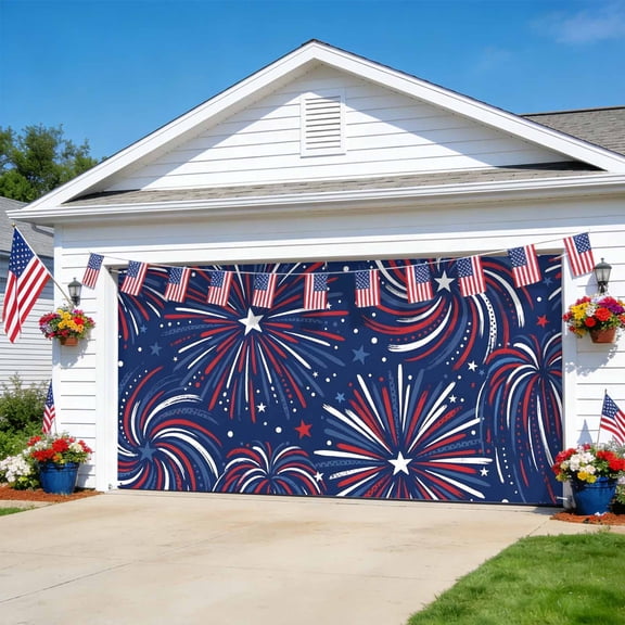 250 Year American Anniversary Flag Garage Door Cover Banner 7 x 8 FT, Blue Fireworks Garage Door Curtains Backdrop with Grommets for Indoor Outdoor Wall Party Porch Yard Decorations Background