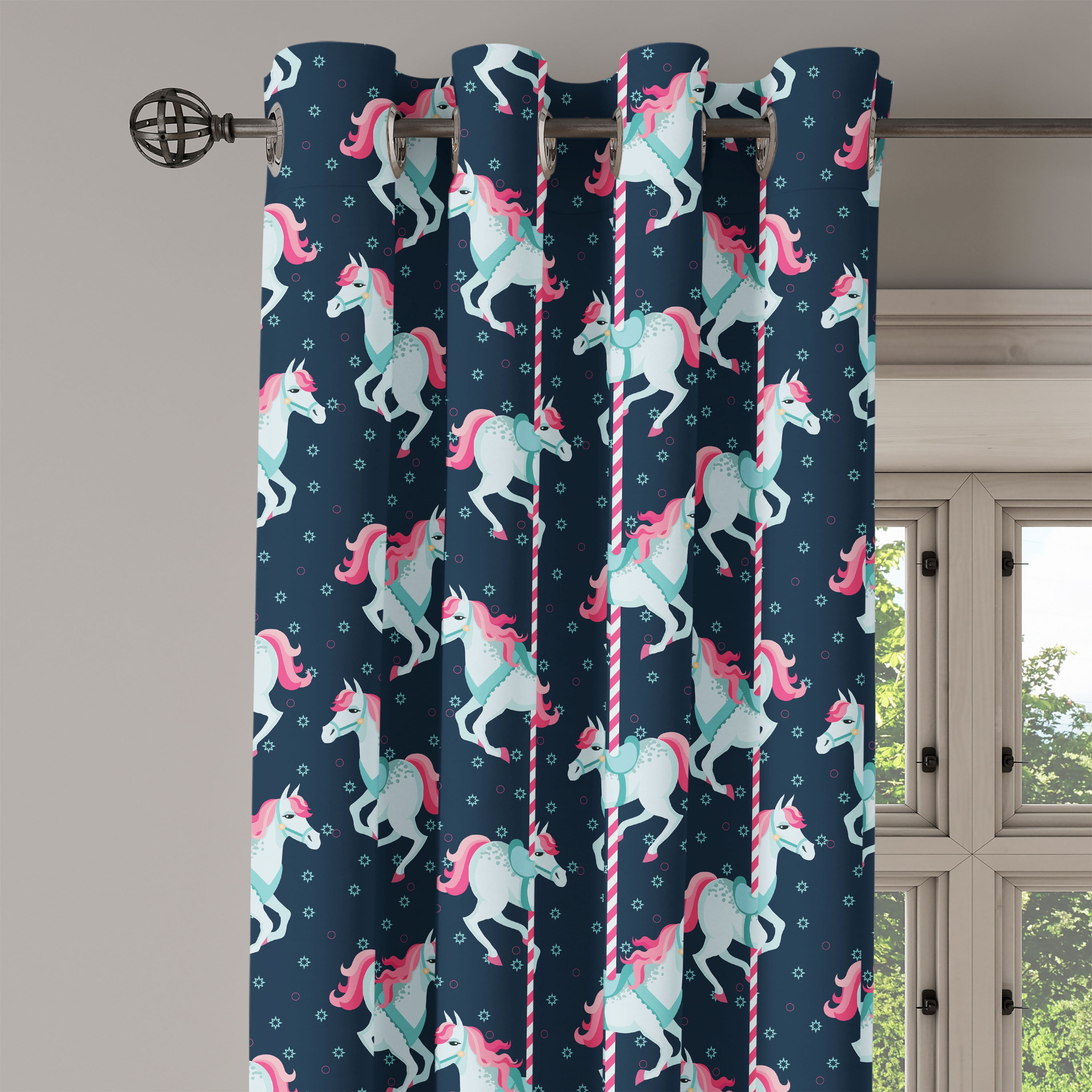 Cartoon Grommet Curtain, Carousel Horses Playthings Merry Go Round Joyful Circus Amusement Park