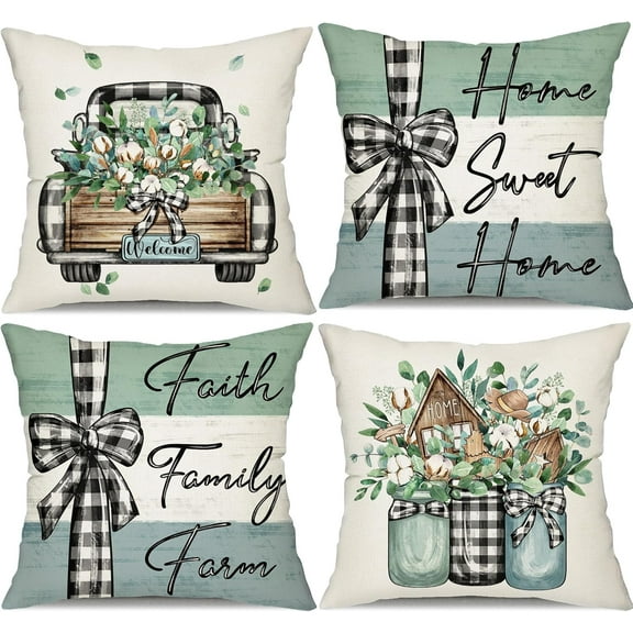 Farmhouse Pillow Covers 18x18 Set of 4 Eucalyptus Leaves Decorations Truck Sweet Home Spring Stripe Pillow Covers, Linen Cushion Case Gifts for Home Decor 176B