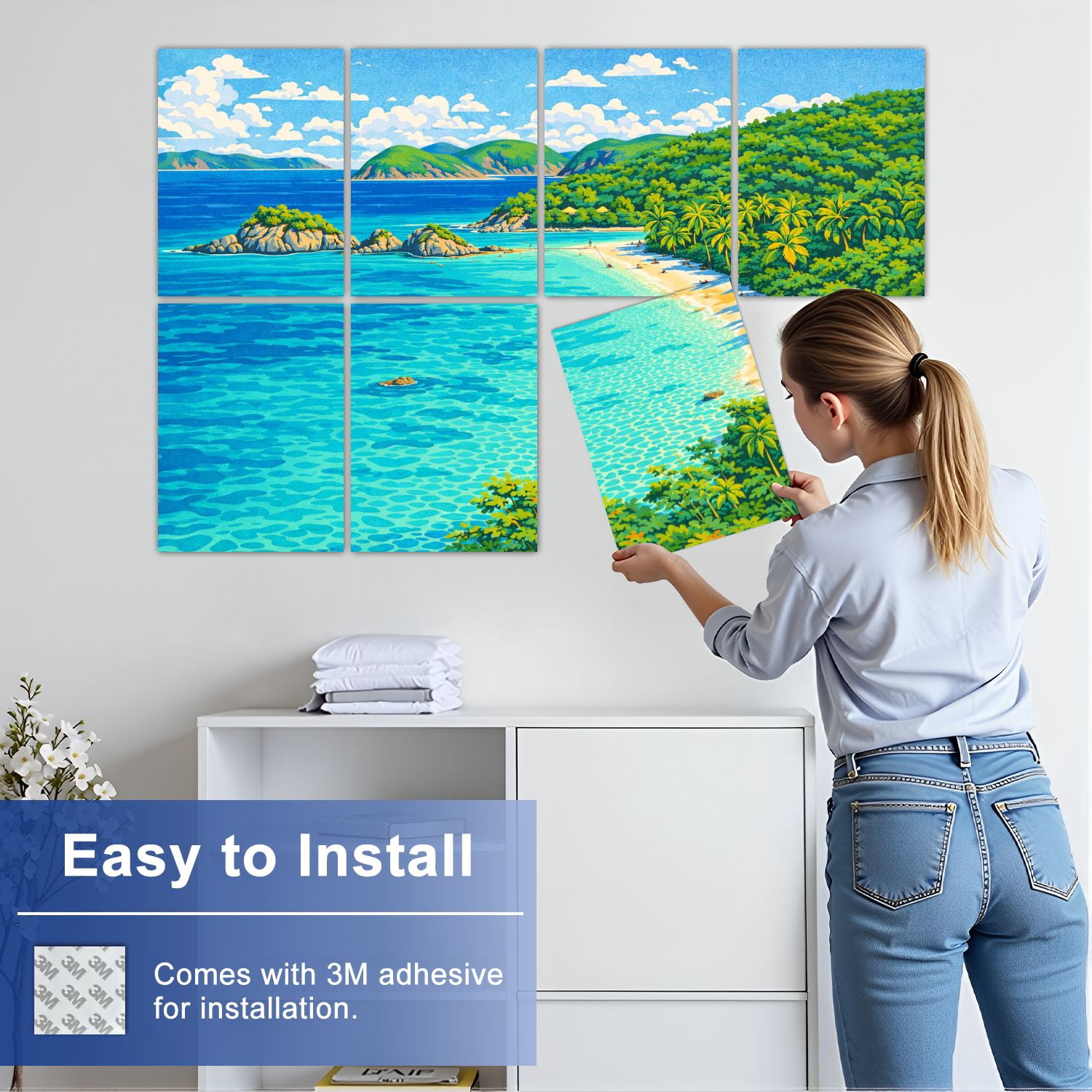 8 Pack Art Acoustic Panels Sound Absorbing panoramic beach Trunk Bay Decorative Soundproof Wall Panels Self Adhesive for Nursery Game Room Bedroom 48"x32"